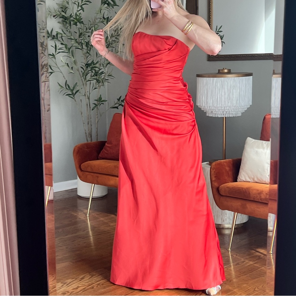 Burnt Orange Strapless Evening Gown